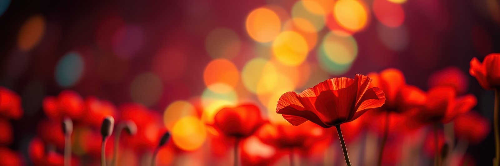 Vibrant red flowers bloom against a colorful bokeh background in a summer garden